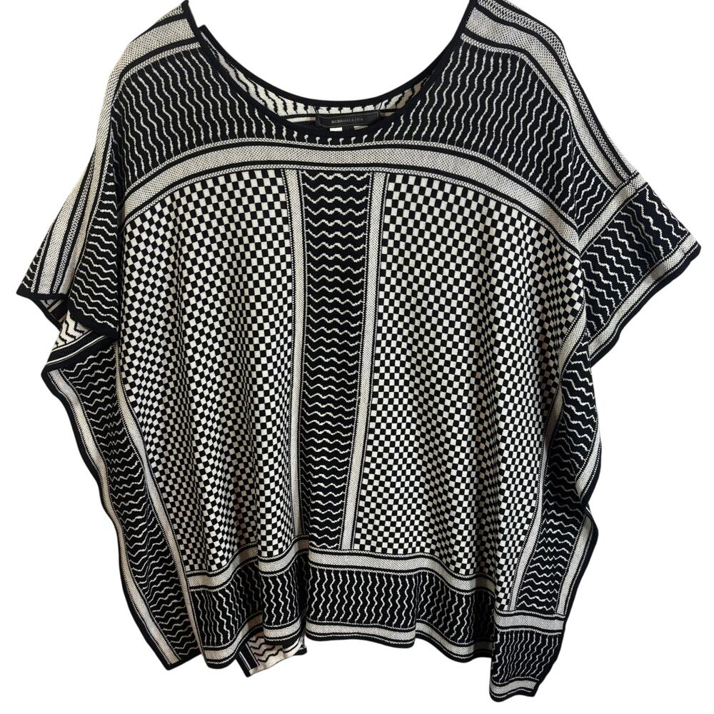 BCBGMaxazria Knit Poncho Sweater Pullover Black White Mixed Pattern Size XS/S